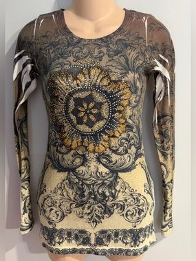 CACHE Y2K Long Sleeve Baroque/Damask Embellished Medallion Crew Neck size XS